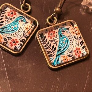 Turquoise Bird Floral Square Drop Earrings - Unbranded